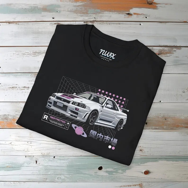 JDM Japan Streetwear Car T-Shirt - Skyline R34 GTR Tuning, Japanese Streetracing