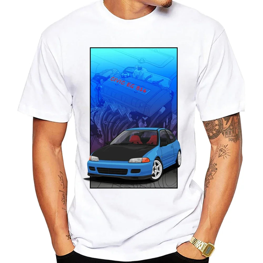 Civic EK Hatch With A D16 B16 K20 H22 Engine T-Shirt Summer Men Short Sleeve Hip Hop Boy White Tees Retro Japan Car Sport Tops