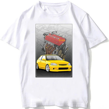 Civic EK Hatch With A D16 B16 K20 H22 Engine T-Shirt Summer Men Short Sleeve Hip Hop Boy White Tees Retro Japan Car Sport Tops