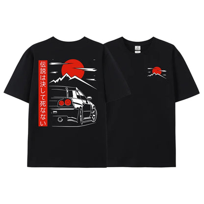 Japanese Style Car JDM Culture GTR Racing T Shirts Male Back Print Street Wear Original Design Oversized 100% Cotton Tops Tee