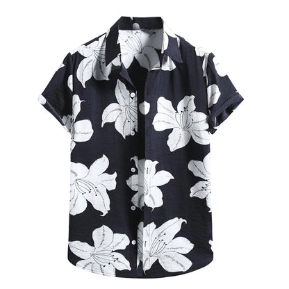 Casual Hawaiian Shirts For Men Cotton Linen Short Sleeve Blouses Loose Lapel Button Top Blouse Aloha Beach Vacation Wear