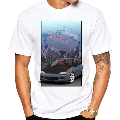 Civic EK Hatch With A D16 B16 K20 H22 Engine T-Shirt Summer Men Short Sleeve Hip Hop Boy White Tees Retro Japan Car Sport Tops