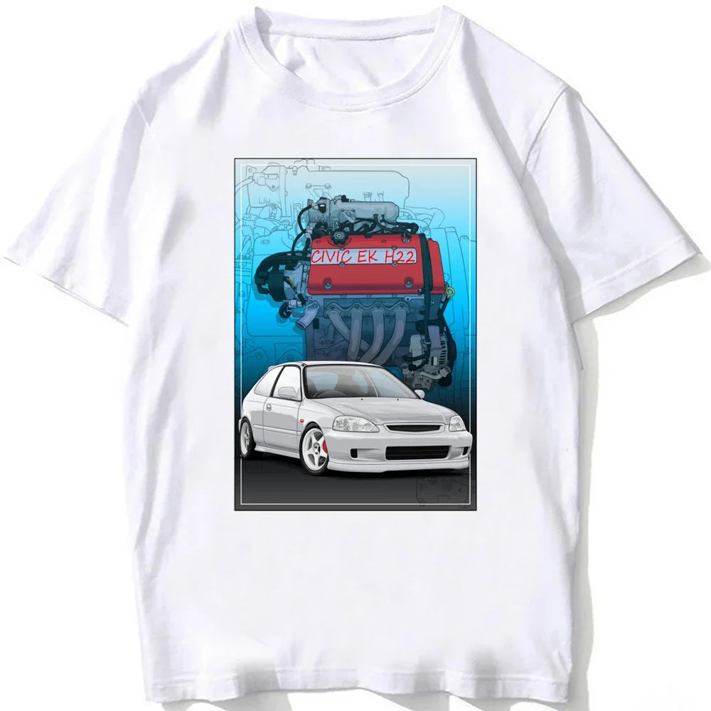 Civic EK Hatch With A D16 B16 K20 H22 Engine T-Shirt Summer Men Short Sleeve Hip Hop Boy White Tees Retro Japan Car Sport Tops