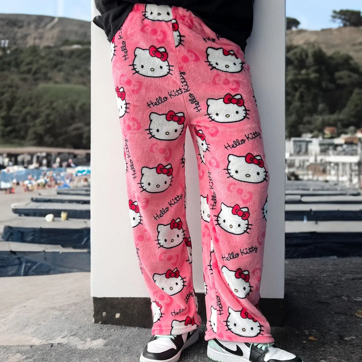 Halloween Sanrio Hello Kitty Pajama Pants Anime Fleece Double Elastic Fabric Soft Trousers Women Trousers Kawaii Birthday Gift