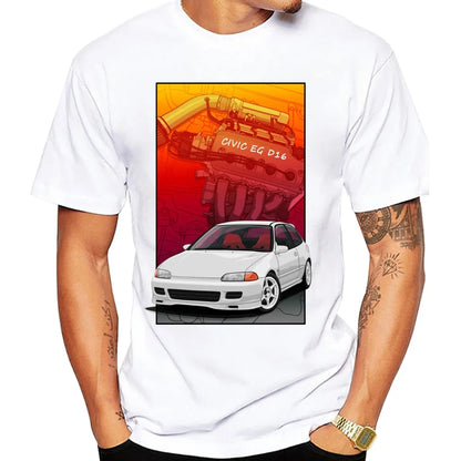 Civic EK Hatch With A D16 B16 K20 H22 Engine T-Shirt Summer Men Short Sleeve Hip Hop Boy White Tees Retro Japan Car Sport Tops