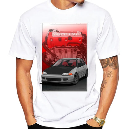 Civic EK Hatch With A D16 B16 K20 H22 Engine T-Shirt Summer Men Short Sleeve Hip Hop Boy White Tees Retro Japan Car Sport Tops