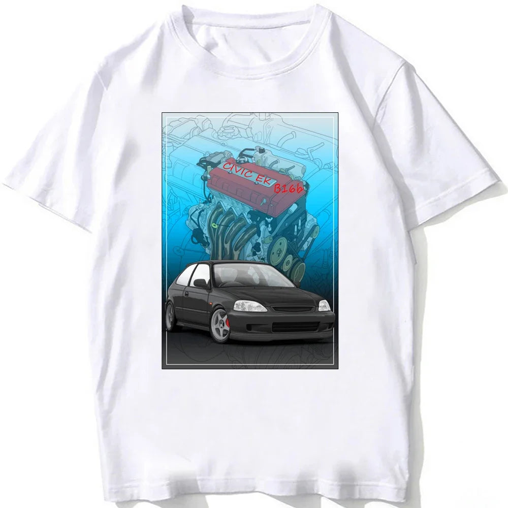 Civic EK Hatch With A D16 B16 K20 H22 Engine T-Shirt Summer Men Short Sleeve Hip Hop Boy White Tees Retro Japan Car Sport Tops