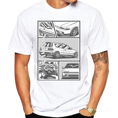 Civic EK Hatch With A D16 B16 K20 H22 Engine T-Shirt Summer Men Short Sleeve Hip Hop Boy White Tees Retro Japan Car Sport Tops