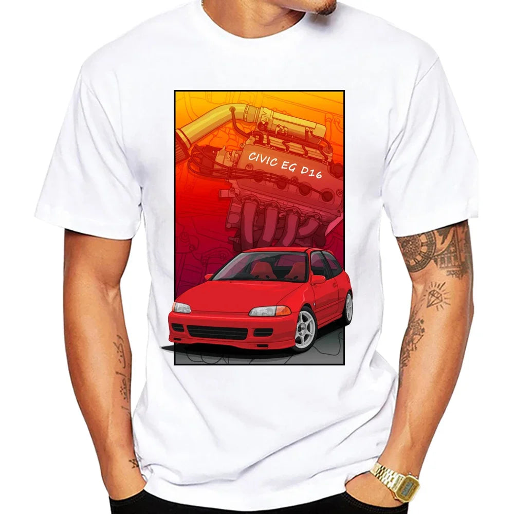 Civic EK Hatch With A D16 B16 K20 H22 Engine T-Shirt Summer Men Short Sleeve Hip Hop Boy White Tees Retro Japan Car Sport Tops