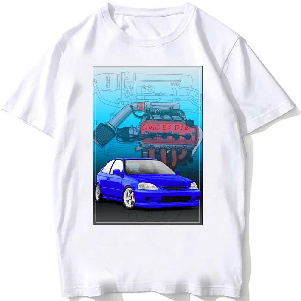 Civic EK Hatch With A D16 B16 K20 H22 Engine T-Shirt Summer Men Short Sleeve Hip Hop Boy White Tees Retro Japan Car Sport Tops