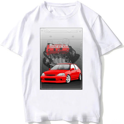 Civic EK Hatch With A D16 B16 K20 H22 Engine T-Shirt Summer Men Short Sleeve Hip Hop Boy White Tees Retro Japan Car Sport Tops